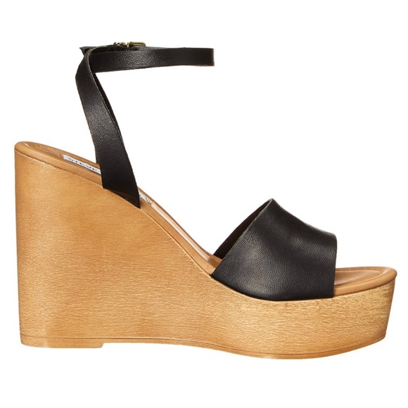 BNIB Steve Madden Welsh Leather Wedge Platform Sandals 9.5 Black - Picture 3 of 10